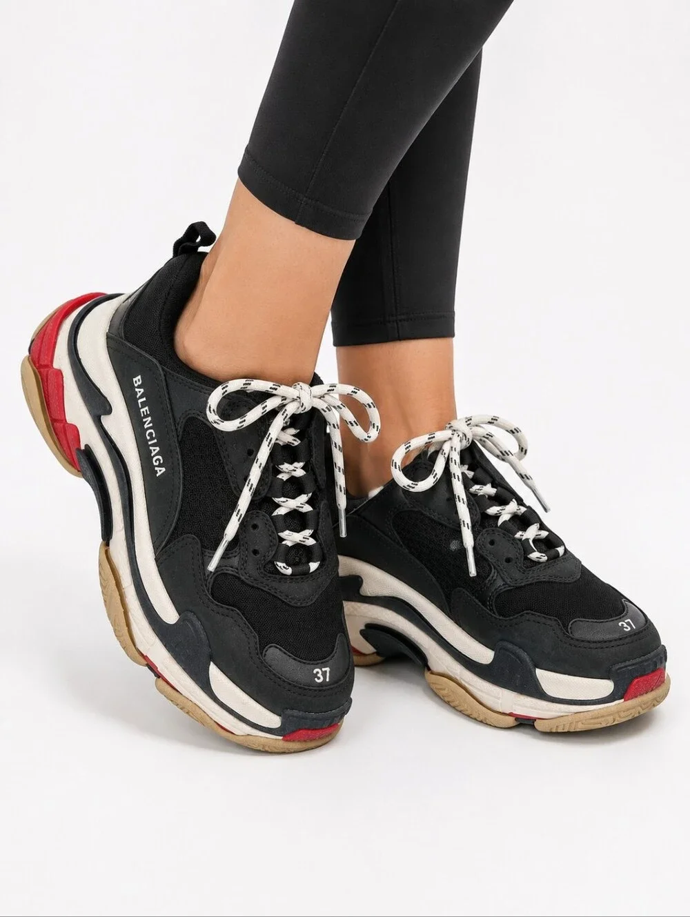 Balenciaga Black Leather Mesh Triple S Sneakers Size 7 HEAVY